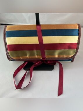 Striped Multi-Color Roll-Up Cosmetic Organizer with Burgundy Tie